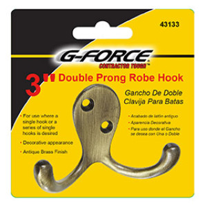 G-FORCE 43133 3" DIE CAST ANTIQUE BRASS DOUBLE PRONG ROBE HOOK CARDED