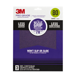 3M 26080TRI-3 PRO GRADE 9" X 11" 80 GRIT NO-SLIP GRIP ADVANCED SANDPAPER 3PK
