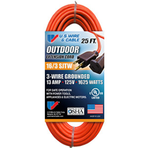 U.S. WIRE 60025 16/3 SJT W-A UL 25' ORANGE EXTENSION CORD INDOOR/OUTDOOR 13A