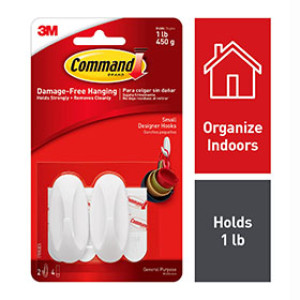 3M 17082ES COMMAND WHITE SMALL DESIGNER HOOK 1LB CAPACITY - 1 HOOK / 4 STRIPS
