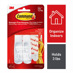 3M 17001ES COMMAND WHITE MEDIUM UTILITY HOOKS 3 LBS CAP - 2 HOOKS / 4 STRIPS