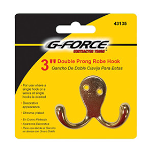 G-FORCE 43135 3" DIE CAST CHROME PLATED DOUBLE PRONG ROBE HOOK CARDED
