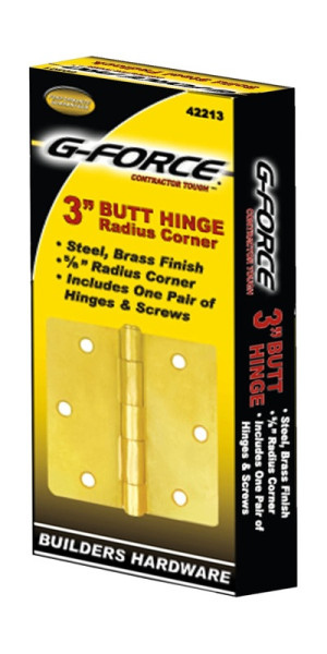 G-FORCE 42213 ROUND CORNER POLISHED BRASS 3" BUTT HINGES PAIR WITH SCREWS