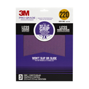 3M 26220TRI-3 PRO GRADE 9" X 11" 220 GRT NO-SLIP GRIP ADVANCED SANDPAPER 3PACK