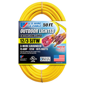 U.S. WIRE 74050 12/3 SJT W-A UL 50' YELLOW POWER-ON EXTENSION CORD 15A