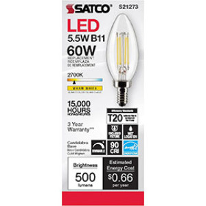 SATCO S21273 5.5W TORPEDO LED CLEAR CANDELABRA BASE 2700K 90 CRI 120V
