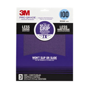 3M 26100TRI-3 PRO GRADE 9" X 11" 100 GRIT NO-SLIP GRIP ADVANCED SANDPAPER 3PK
