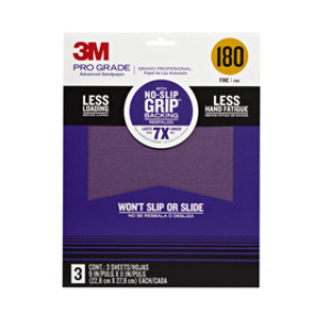 3M 26180TRI-3 PRO GRADE 9" X 11" 180 GRIT NO-SLIP GRIP ADVANCED SANDPAPER 3PK