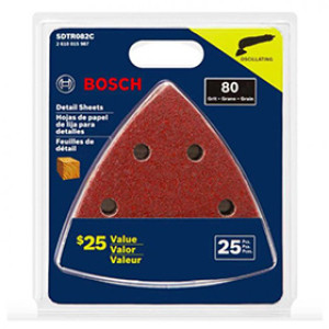 BOSCH SDTR082C 3-3/4" 80 GRIT DETAIL TRIANGLE SANDING SHEETS FOR WOOD (25PK)