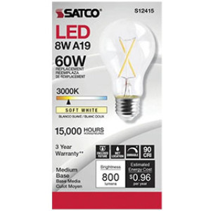 SATCO S12415 8W A19 LED CLEAR MEDIUM BASE 3000K 90 CRI 120V