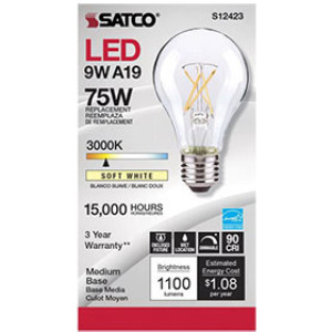SATCO S12423 10.5W A19 LED CLEAR MEDIUM BASE 3000K 90 CRI 120V