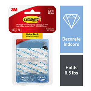 3M 17006CLR-18ES COMMAND CLEAR MINI HOOKS VALUE PACK 1/2 LB 18 HK/24 CLR STRPS